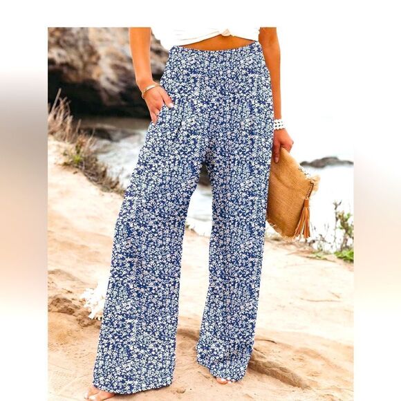 Blue and White Palazzo Pants with Floral Print - Picture 1 of 6